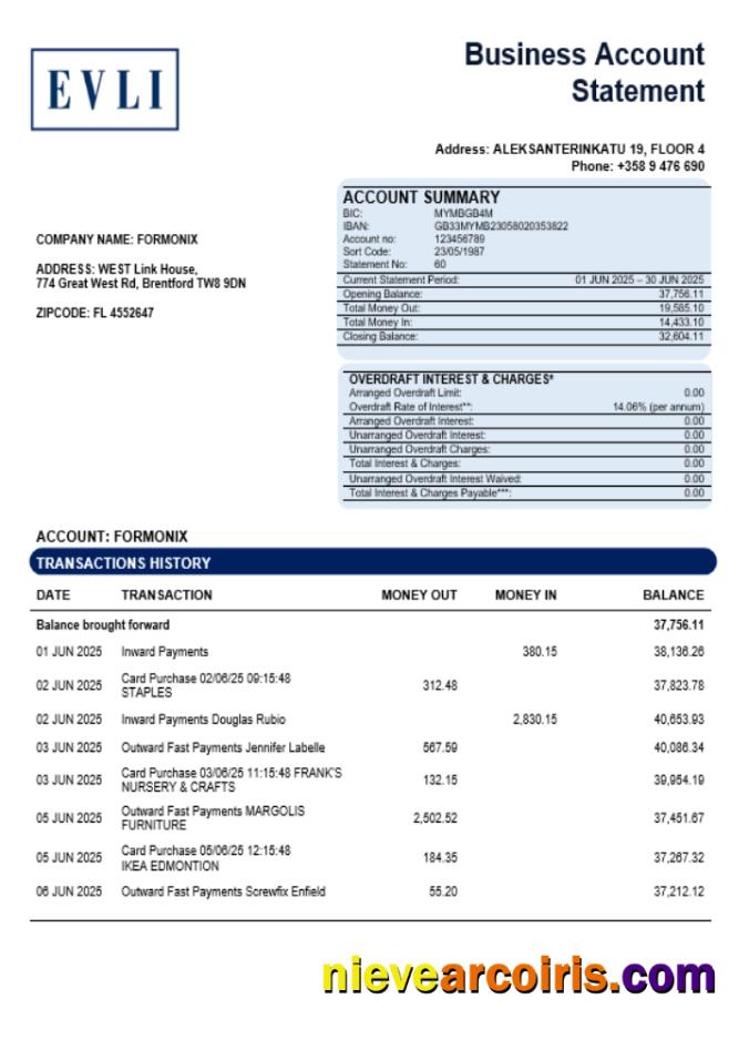 Evli Bank PLC enterprise account statement